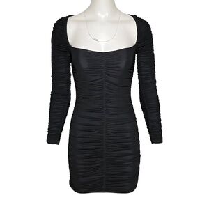 Michael Costello x Revolve Franky Mini Dress Black Ruched Mesh Square Neck XS